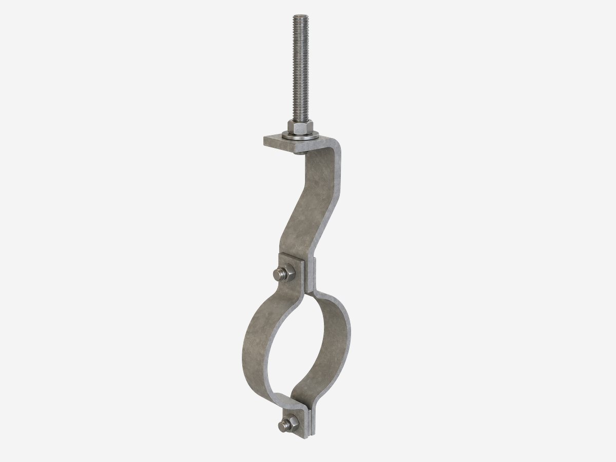 OctoBracket galvanised no-weld pipe suspension bracket on a threaded Gewi bar