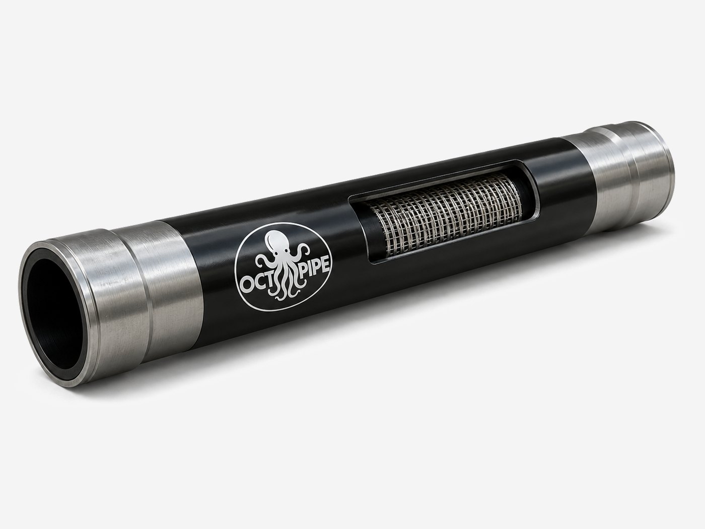OctoPipe SRCP with a cutaway window exposing the steel wire reinforcement, and galvanised cut-grooved end caps