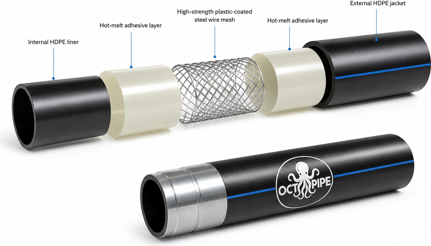 Exploded view of SRCP construction: internal HDPE liner, hot-melt adhesive layer, high-strength plastic-coated steel wire mesh, second adhesive layer and external HDPE jacket, with a finished length below